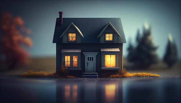 A house with a lit up window and a dark background.