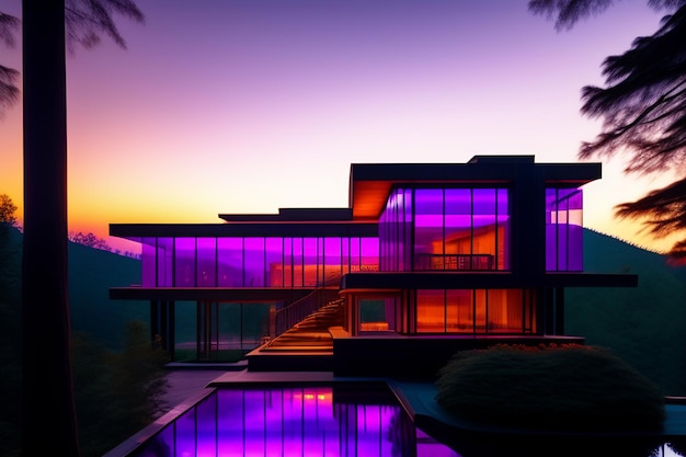 Free Photo a house with purple lights and a pool in the foreground.