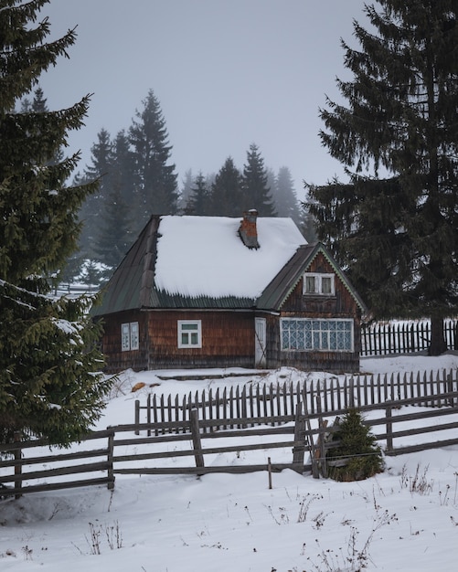 Free photo house with wooden fence in the middle of snow and pine trees