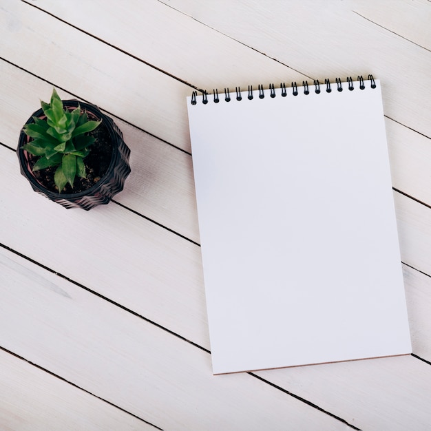 Free photo houseplant near the blank spiral notepad on white wooden