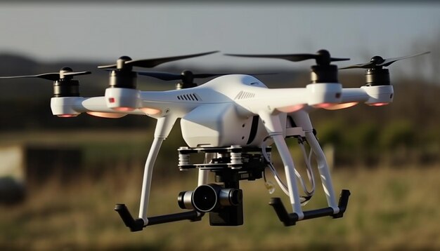 Hovering drone captures aerial view of nature generated by AI