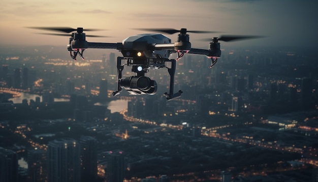 Hovering drone captures city skyline at sunset generated by AI