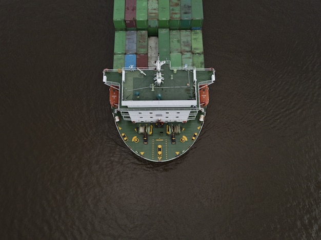 A huge export container ship shot from a high angle