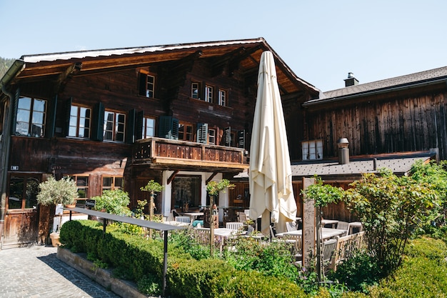 Huge swiss hotel with outdoor restaurant