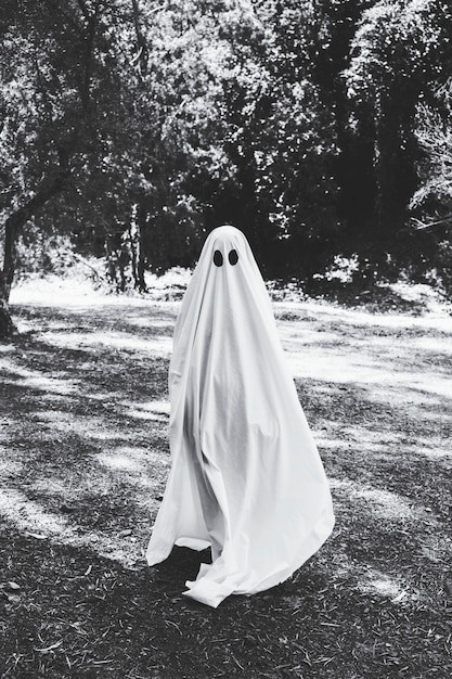 Free photo human in ghost costume standing in forest