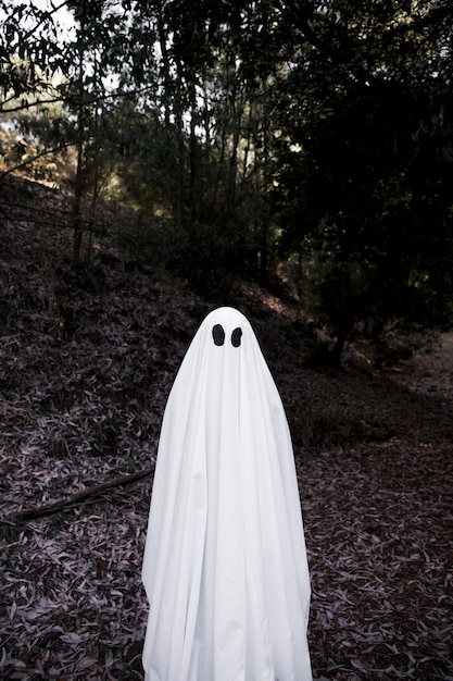 Free Photo human in ghost costume standing in park