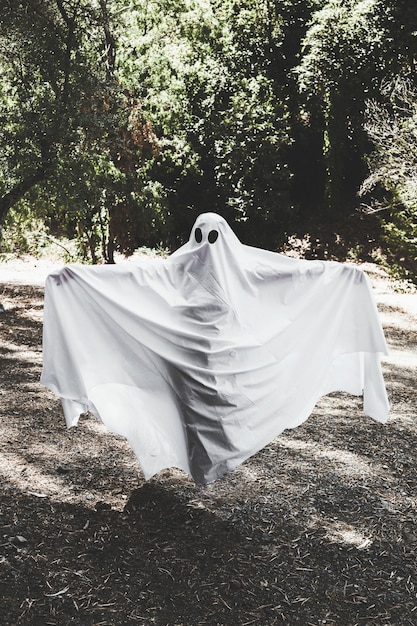 Free Photo human in ghost costume with upping hands in forest