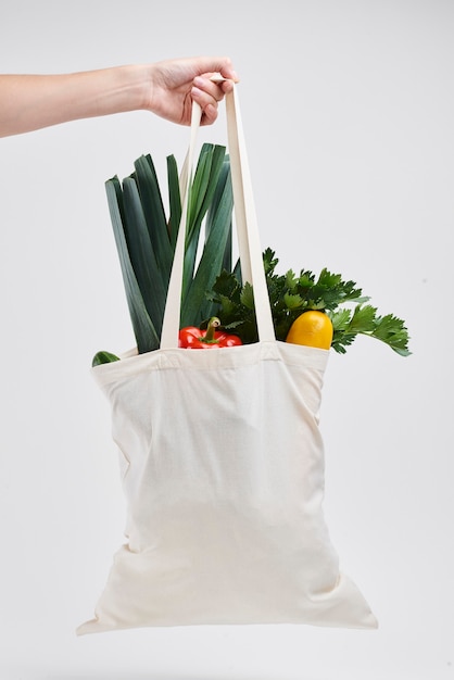 Human hand holding bag of fresh vegetable