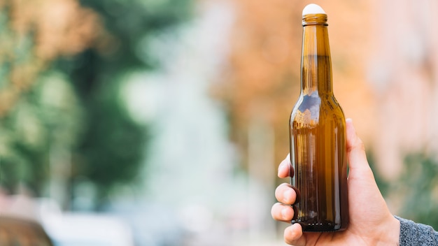 Free photo human hand holding beer bottle