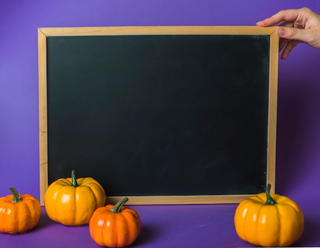 Free photo human hand holding desk near pumpkins