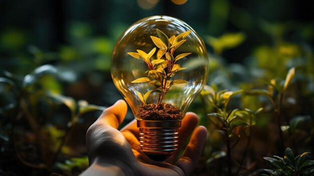 Human hand holding light bulb with green plant inside Ecology and environmental concept