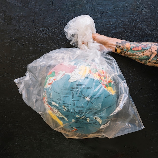 Free photo human hand holding plastic bag with globe