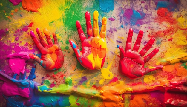 Free Photo human hand holding wet rainbow paint fun chaos generated by ai