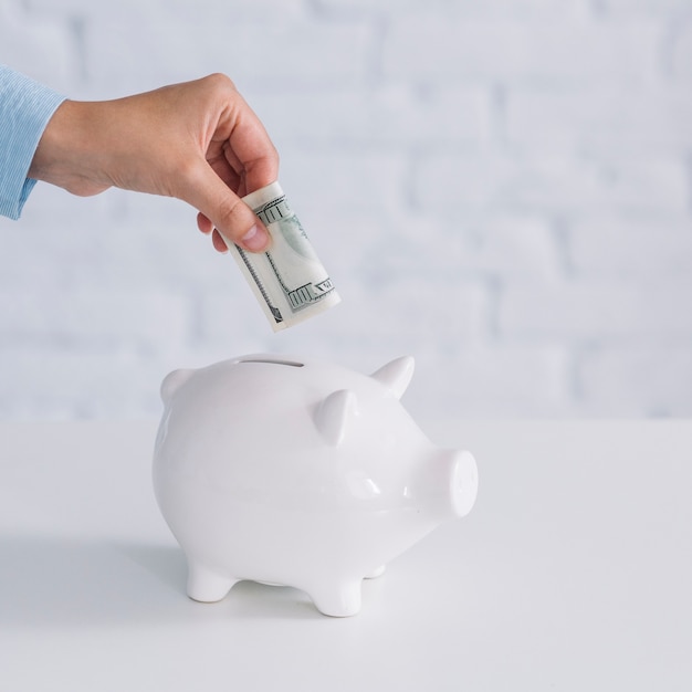 Free photo human hand inserting banknote in white piggybank on desk