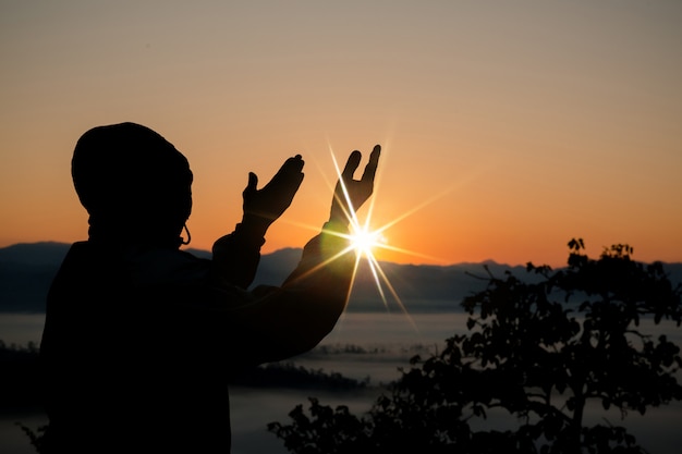 Free photo human hands open palm up worship.