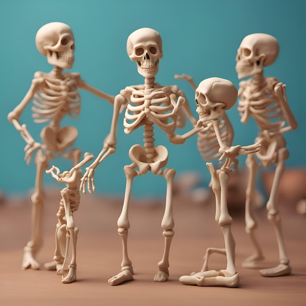 Free photo human skeleton models on a blue background conceptual photo of halloween