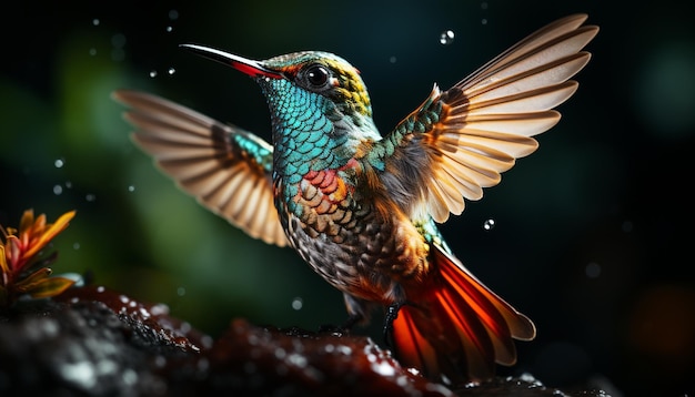 Free photo hummingbird flying iridescent feather vibrant colors beauty in nature generated by artificial intelligence