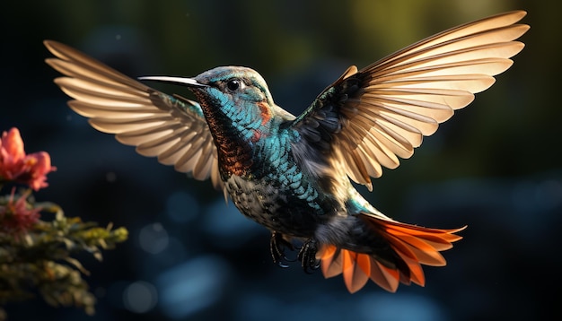 Hummingbird flying nature beauty in vibrant multi colored wings generated by artificial intelligence