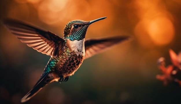 Free photo hummingbird hovering spreading iridescent wings in nature generated by ai