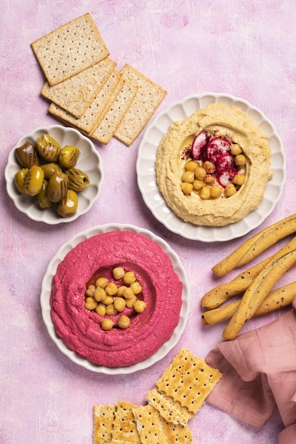 Free Photo hummus on plate still life flat lay