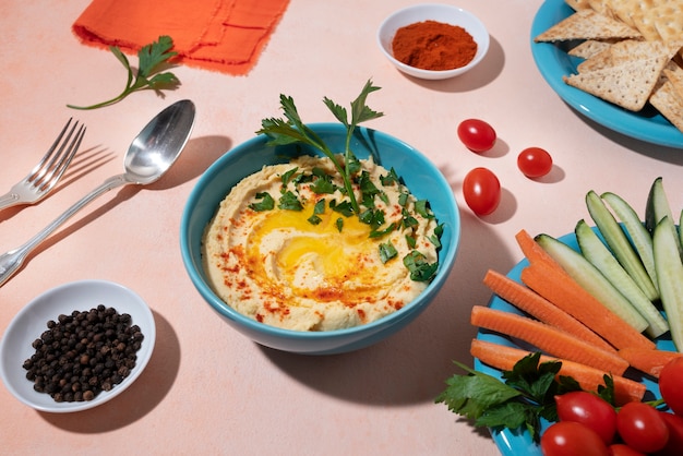 Hummus and vegetables arrangement