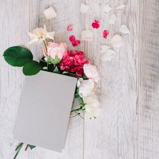 Free Photo hydrangea and roses in the diary on wooden plank