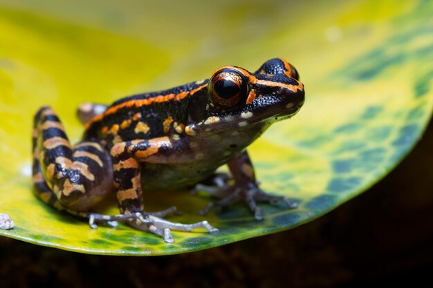 Hylarana picturata frog closeup on yellow leaves