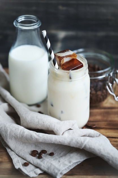 Ice coffee with striped straw