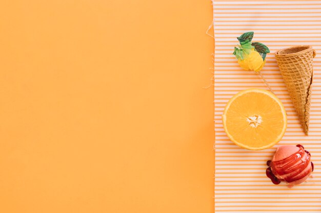 Ice cream background with fruits and copyspace