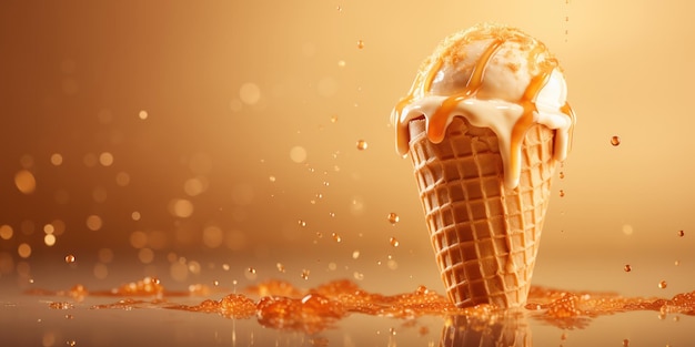 Ice cream cone dripping with golden caramel against a clean backdrop