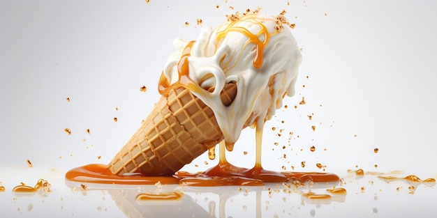 Free photo ice cream cone dripping with golden caramel against a clean backdrop