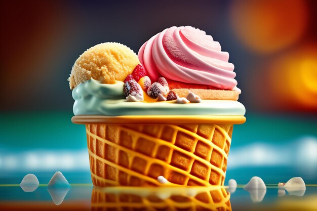 An ice cream cone with a colorful ice cream cone on it.