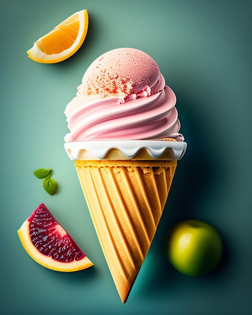 Free Photo an ice cream cone with pink ice cream and a slice of lime.