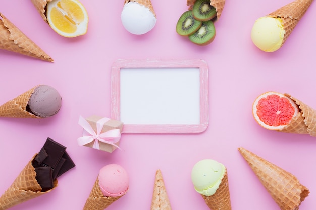 Free photo ice cream cones with frame mock-up