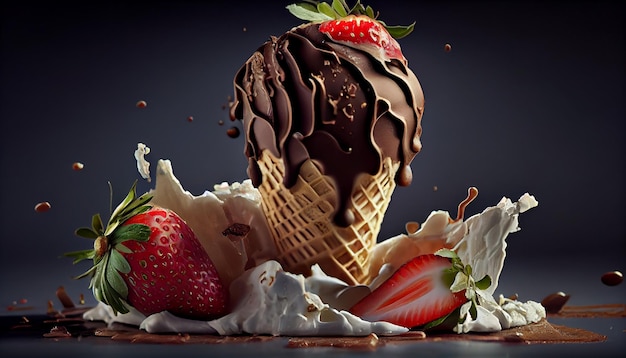 Free photo ice cream dessert with strawberry and chocolate sauce generative ai