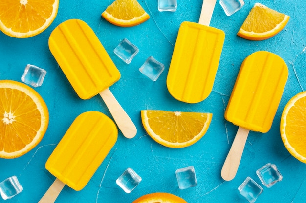 Ice cream with orange flavour and ice cubes