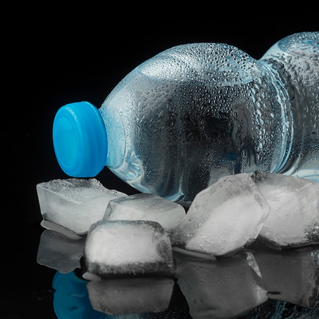 Ice cubes and bottle of water front view