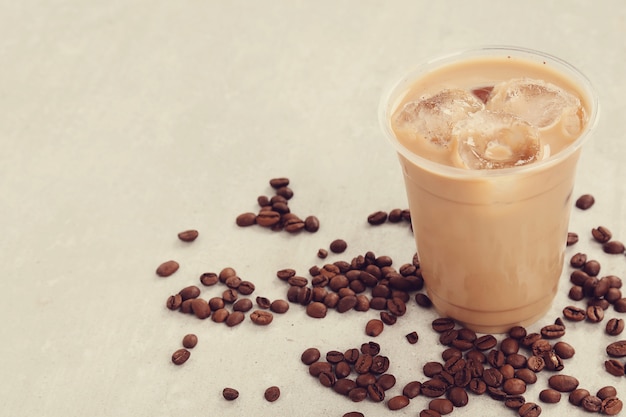 Ice latte with coffee beans