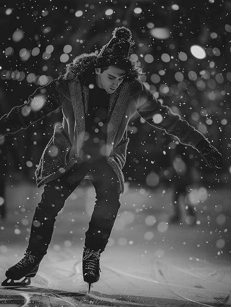 Ice skating in black and white