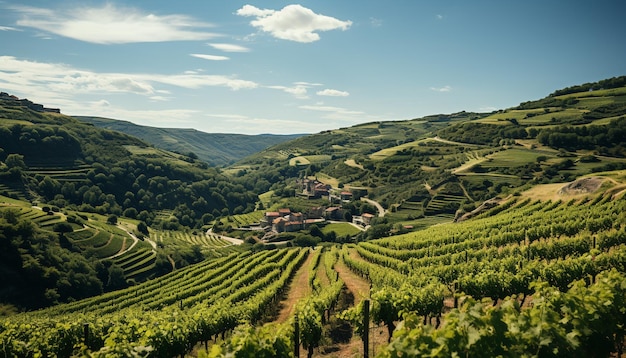 Free photo idyllic vineyard meadow green mountains fresh wine tranquil rural beauty generated by artificial intelligence