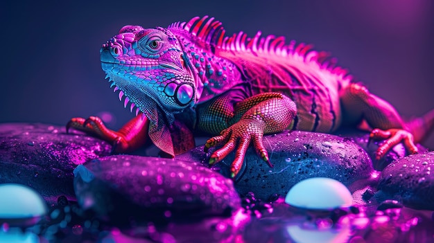 Iguana in neon lights