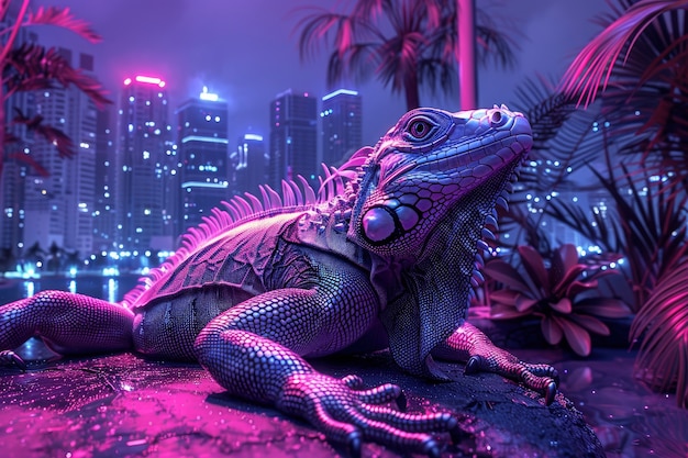 Iguana in neon lights