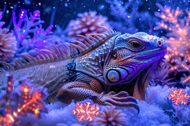 Iguana in neon lights