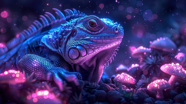 Iguana in neon lights