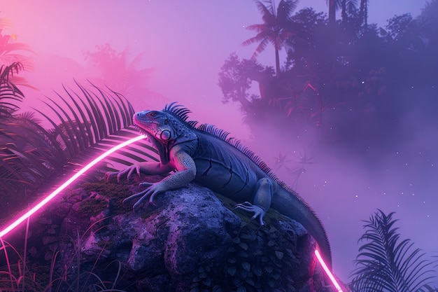 Free photo iguana in neon lights