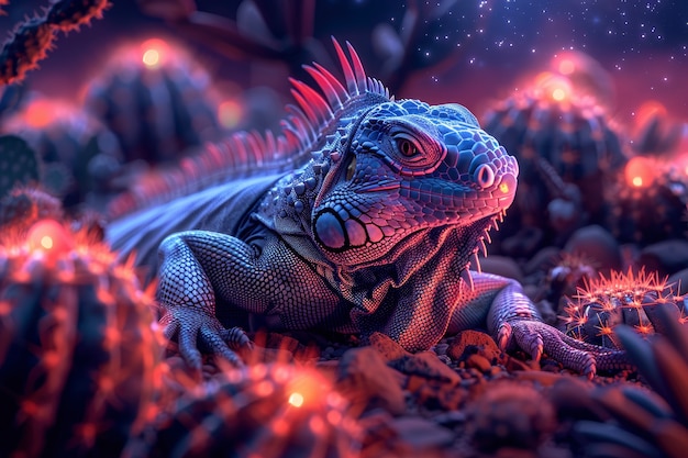 Iguana in neon lights