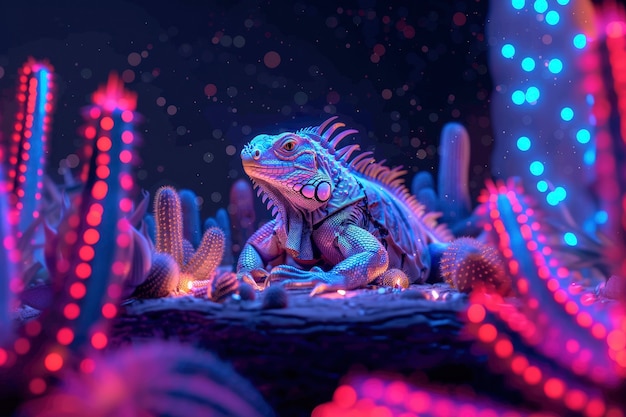 Iguana in neon lights