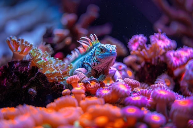 Free photo iguana with neon lights