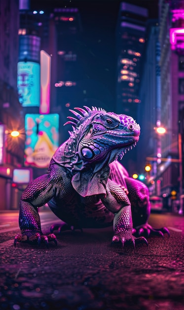 Free photo iguana with neon lights