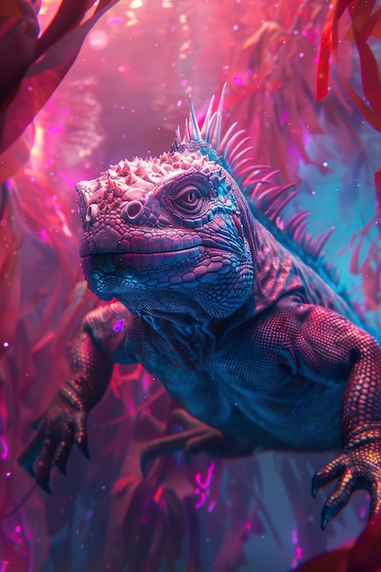 Free photo iguana with neon lights